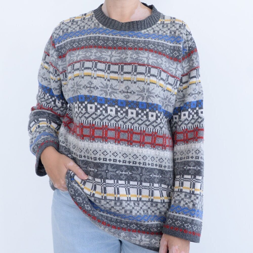 Vintage Lizwear Petite Grey Winter 3D Geometric Knit Crewneck Grandpa Sweater S